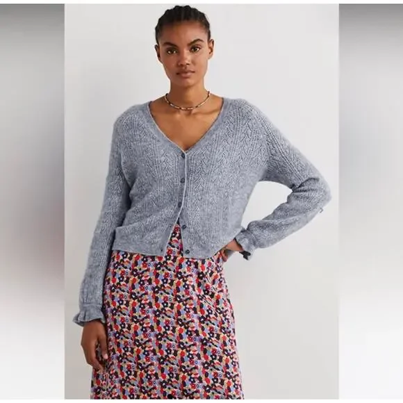 BODEN Pointelle Long Sleeve Cardigan Sweater Blue, Size 8 - Picture 1 of 14